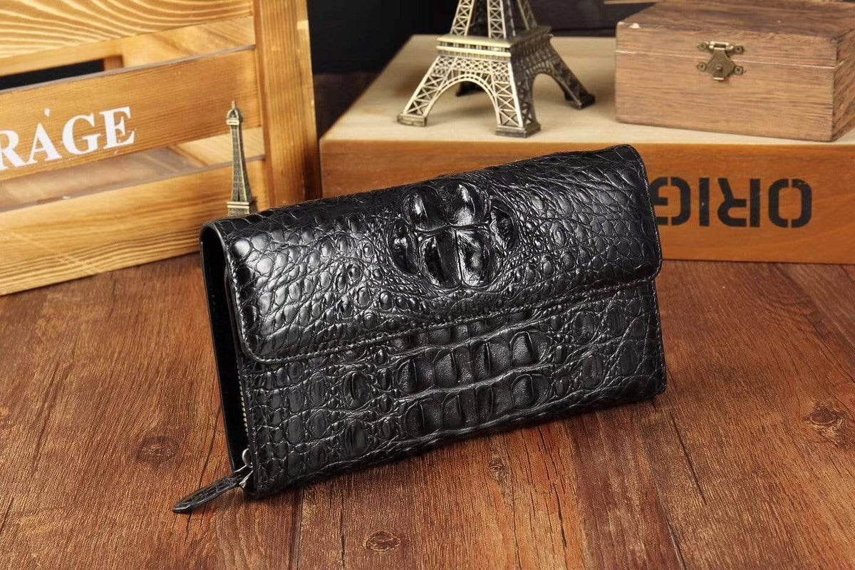 Preorder Crocodile Skin Belly Leather Trifold Wallet Clutches For Men Vintage Green