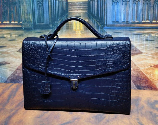 Preorder  Genuine Crocodile  Shiny Leather Briefcase Business Bags Dark Blue