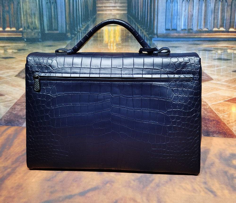 Preorder  Genuine Crocodile  Shiny Leather Briefcase Business Bags Dark Blue