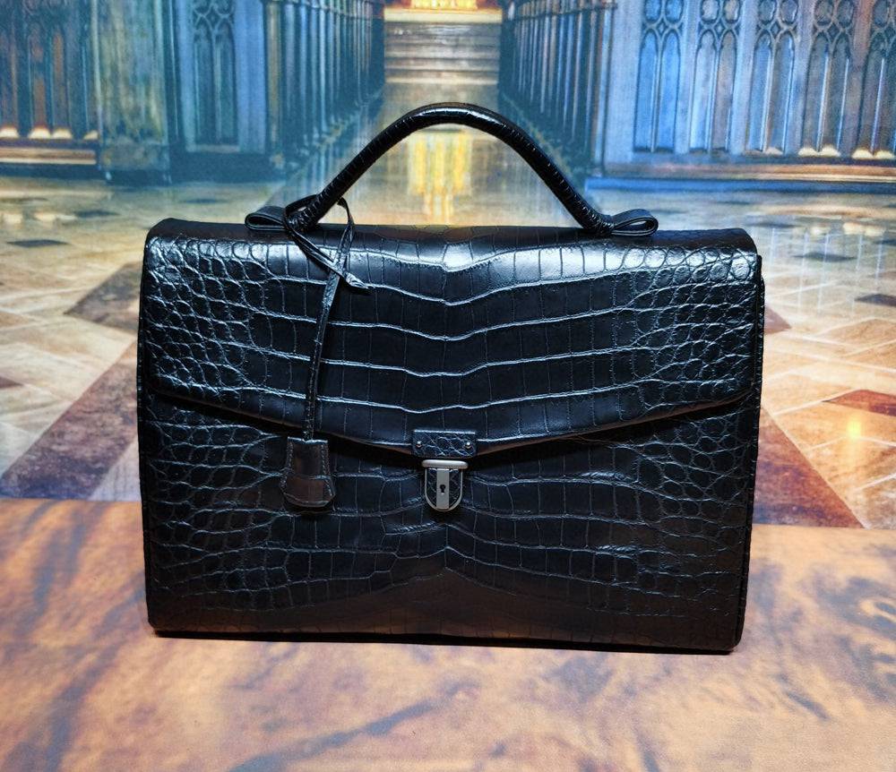 Preorder  Genuine Crocodile  Shiny Leather Briefcase Business Bags Dark Blue