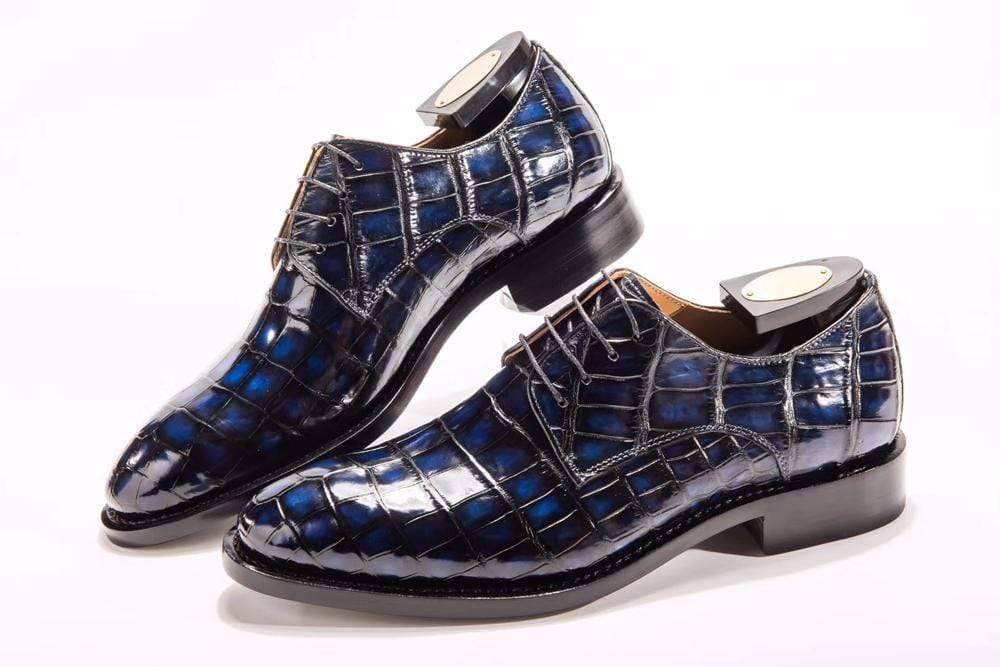 Preorder Handmade Men Crocodile Leather Lace-Up Shoes Dark Blue