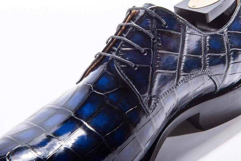 Preorder Handmade Men Crocodile Leather Lace-Up Shoes Dark Blue