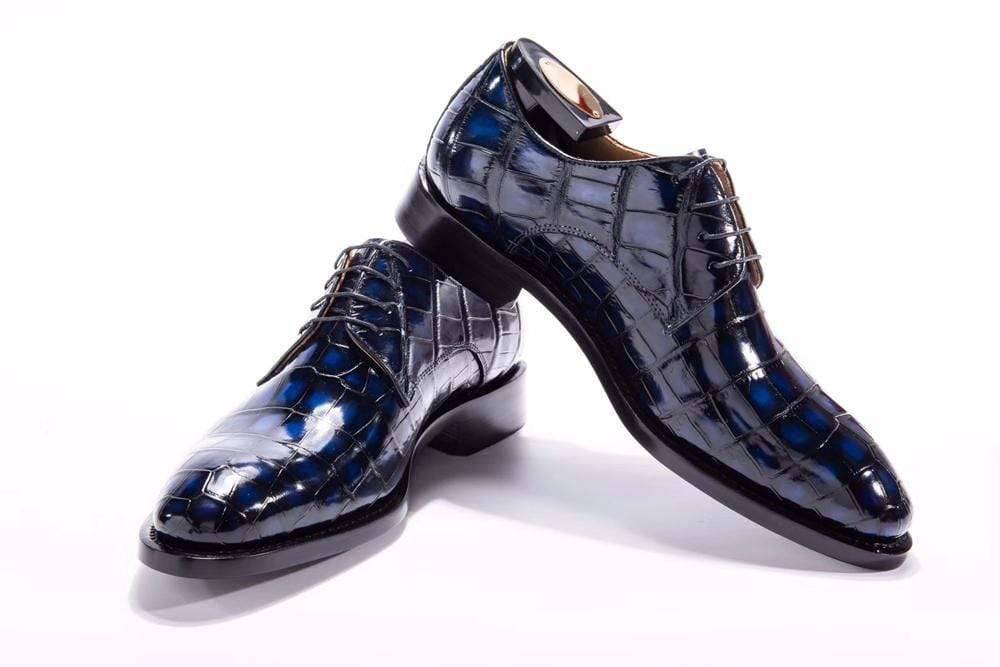 Preorder Handmade Men Crocodile Leather Lace-Up Shoes Dark Blue