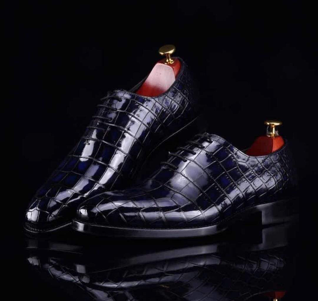 Preorder Handmade Men Crocodile Leather Lace-Up Shoes Dark Blue