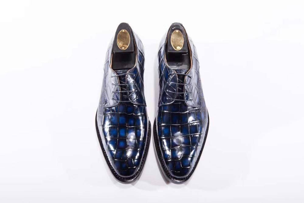 Preorder Handmade Men Crocodile Leather Lace-Up Shoes Dark Blue