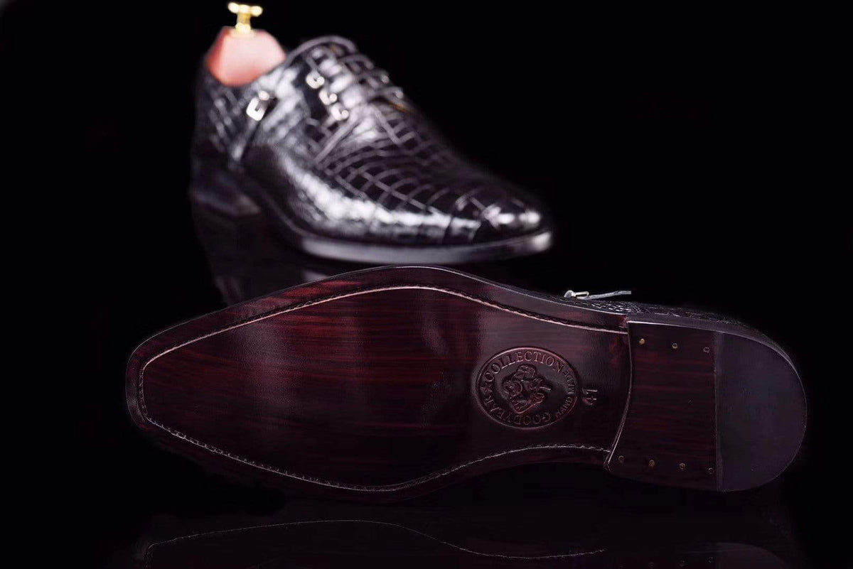Preorder Lace-Up Shoes In Black Crocodile Skin Leather Black