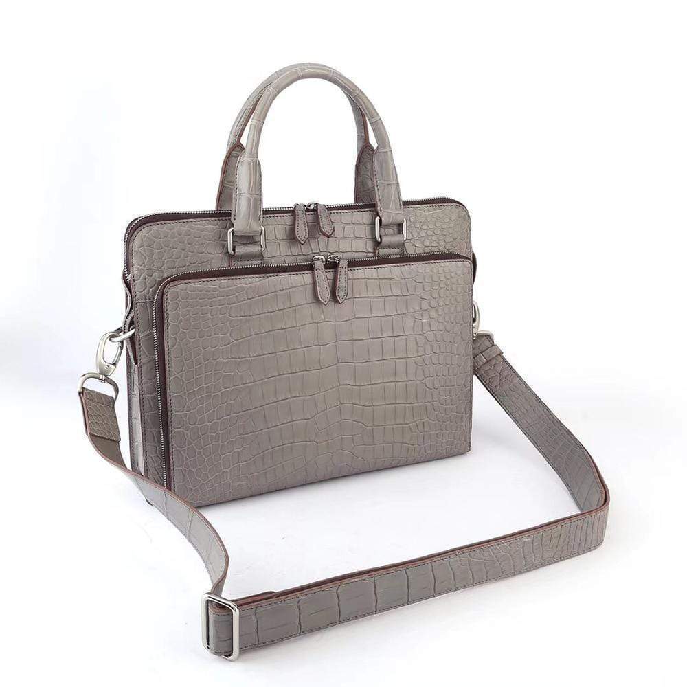 Preorder Men's Crocodile  Leather Briefcase with Front Zip Pocket Dark Grey