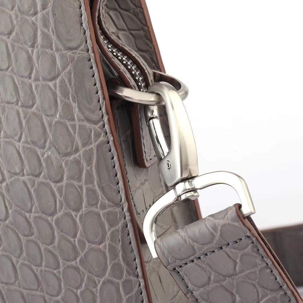 Preorder Men's Crocodile  Leather Briefcase with Front Zip Pocket Dark Grey