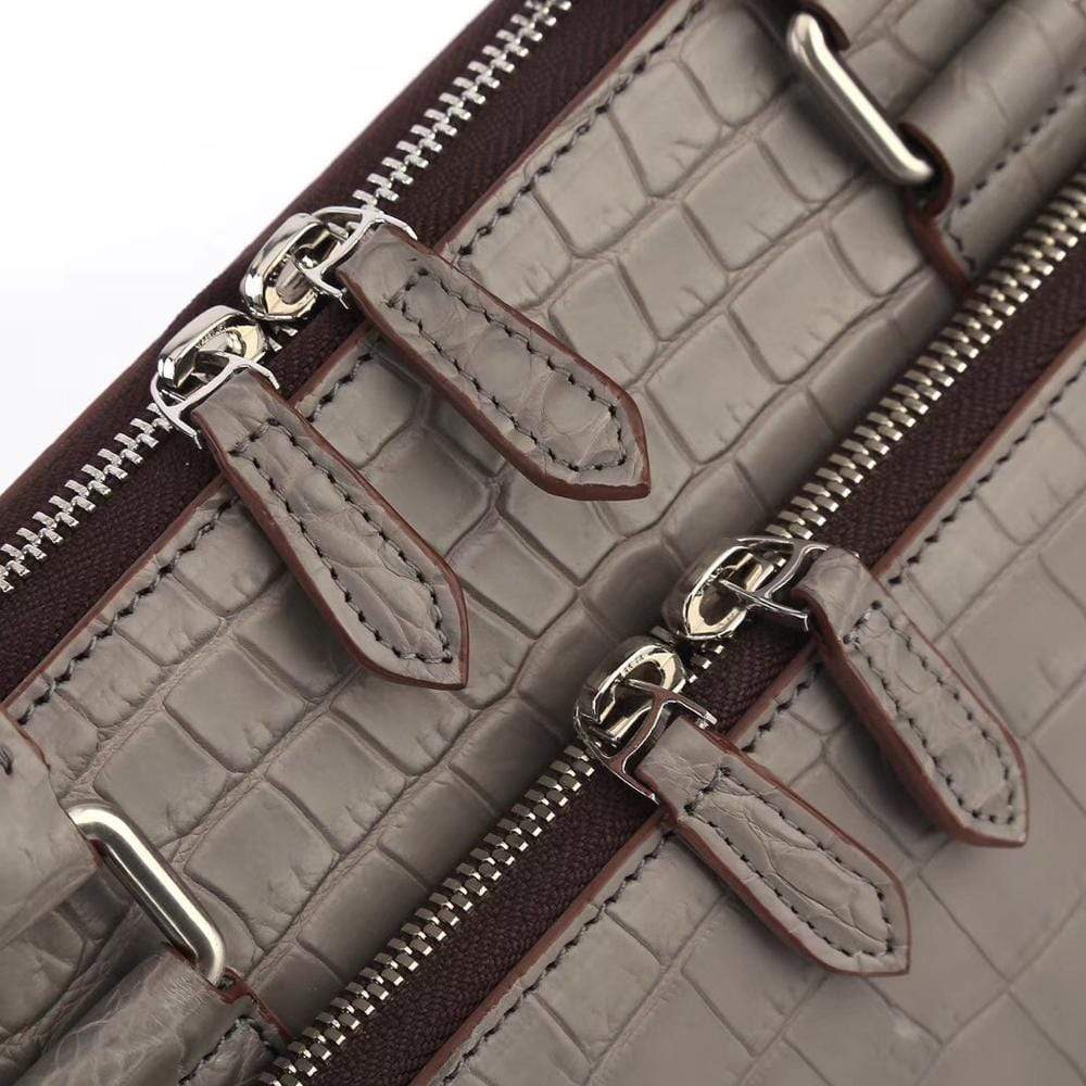 Preorder Men's Crocodile  Leather Briefcase with Front Zip Pocket Dark Grey