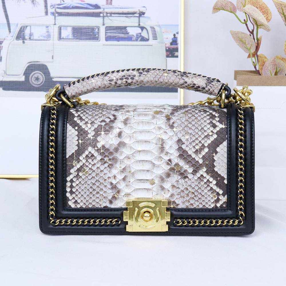 Python Leather Flap Chain Shoulder Cross Body Bag