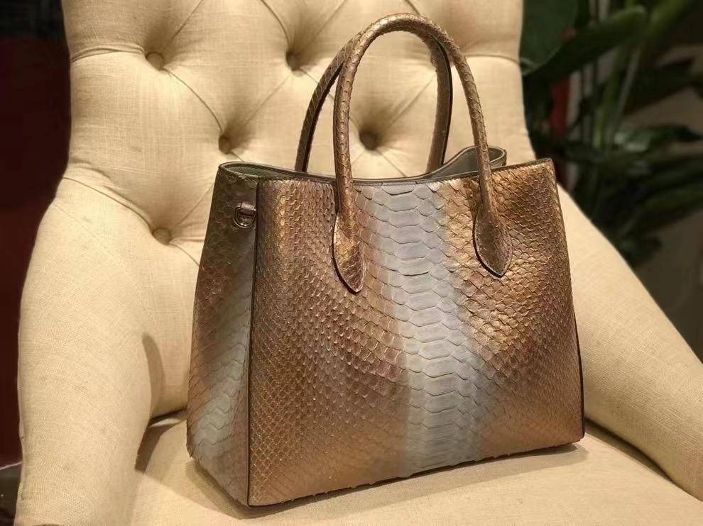 Python Leather Tote Shoulder Cross Body Bags For Women Gold