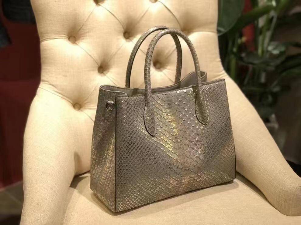 Borsa tote a spalla e a tracolla in pelle di pitone da donna, argento