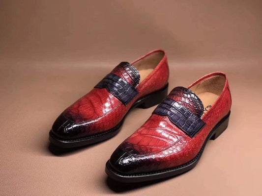 Crocodile Shoes Red Men's Crocodile Leather Loafers,Slip-Ons Diving Shoes, Penny Loafers Shoes