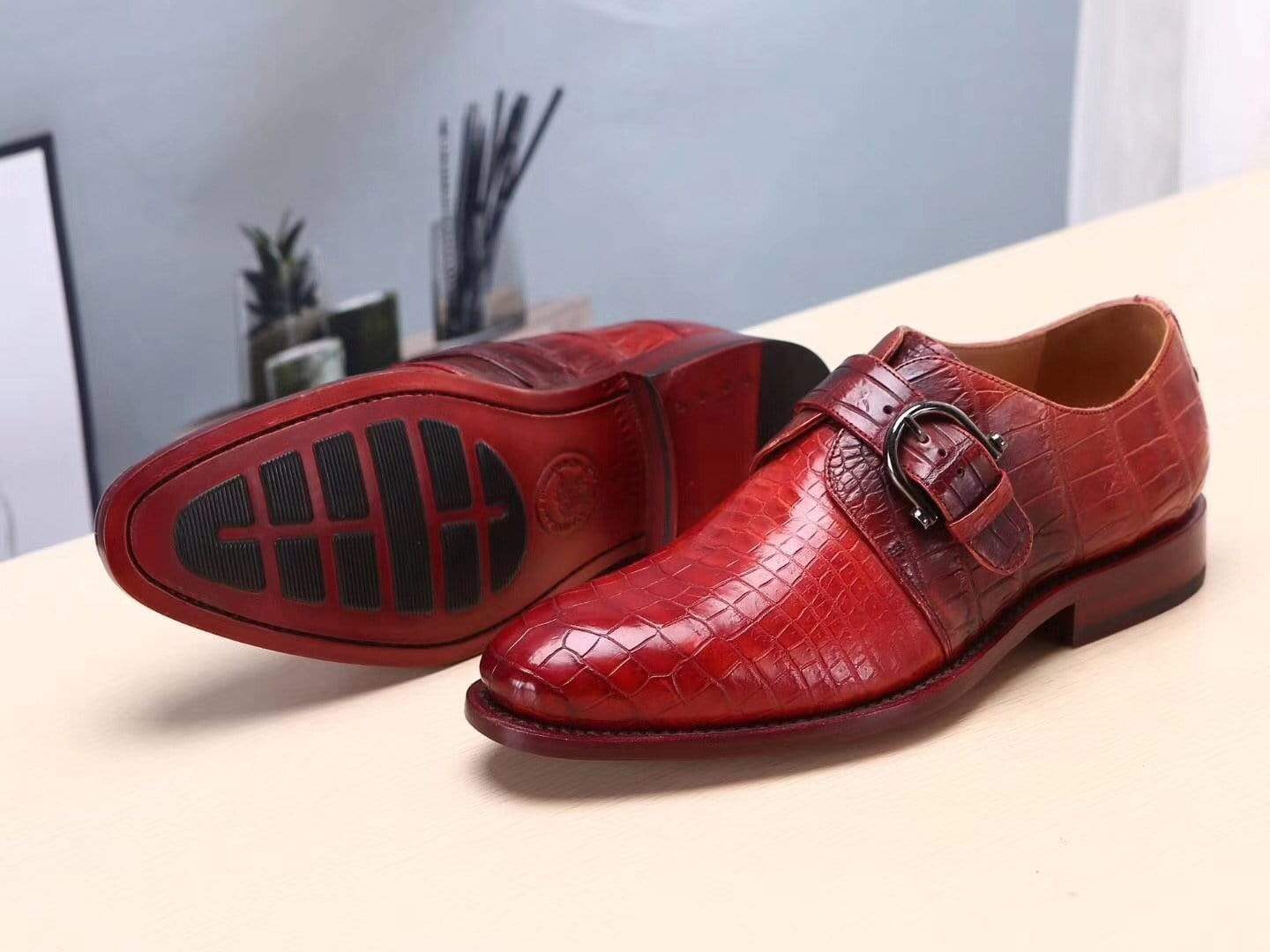 Crocodile Shoes Red Mens Shoes Genuine Leather Monk Shoes ,Goodyear Sole