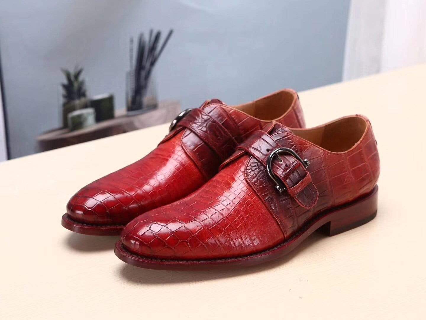 Crocodile Shoes Red Mens Shoes Genuine Leather Monk Shoes ,Goodyear Sole