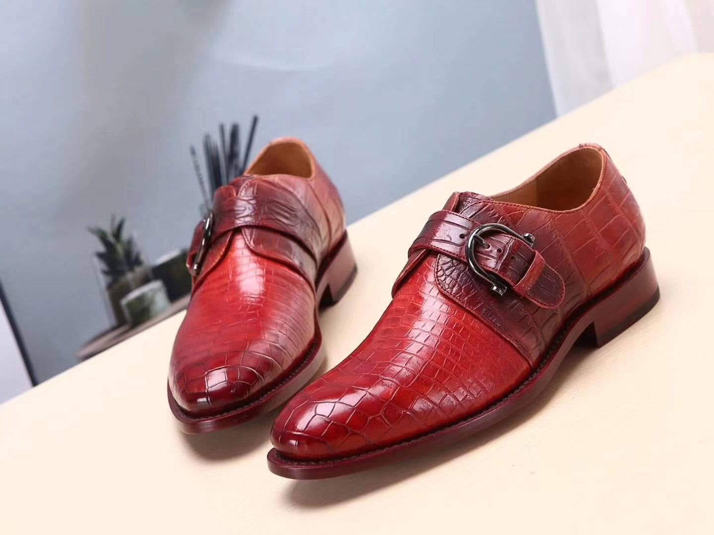 Crocodile Shoes Red Mens Shoes Genuine Leather Monk Shoes ,Goodyear Sole