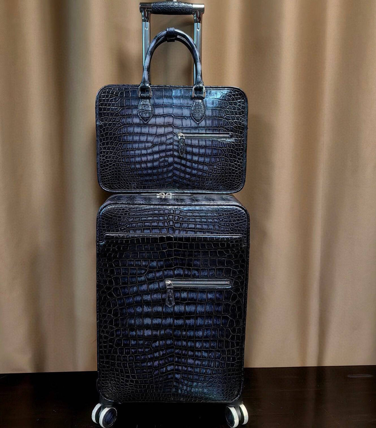 Túi/vali kéo da cá sấu phong cách retro vintage, vali du lịch cuối tuần, bánh xe đa năng 20 inch, kèm bộ cặp