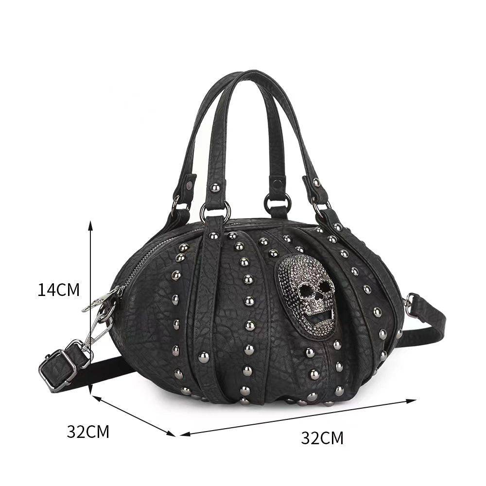 Fashion Punk Bags Dimond Skull Studded Oval Hobo Bucket Handbag