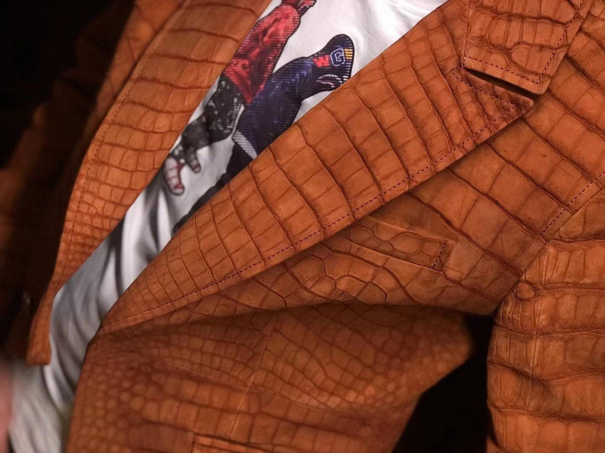 Stylish Orange Nubuck Crocodile Leather Suite Blazer