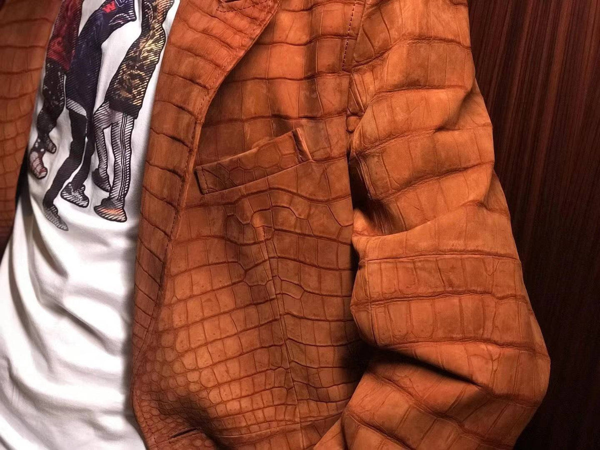 Stylish Orange Nubuck Crocodile Leather Suite Blazer