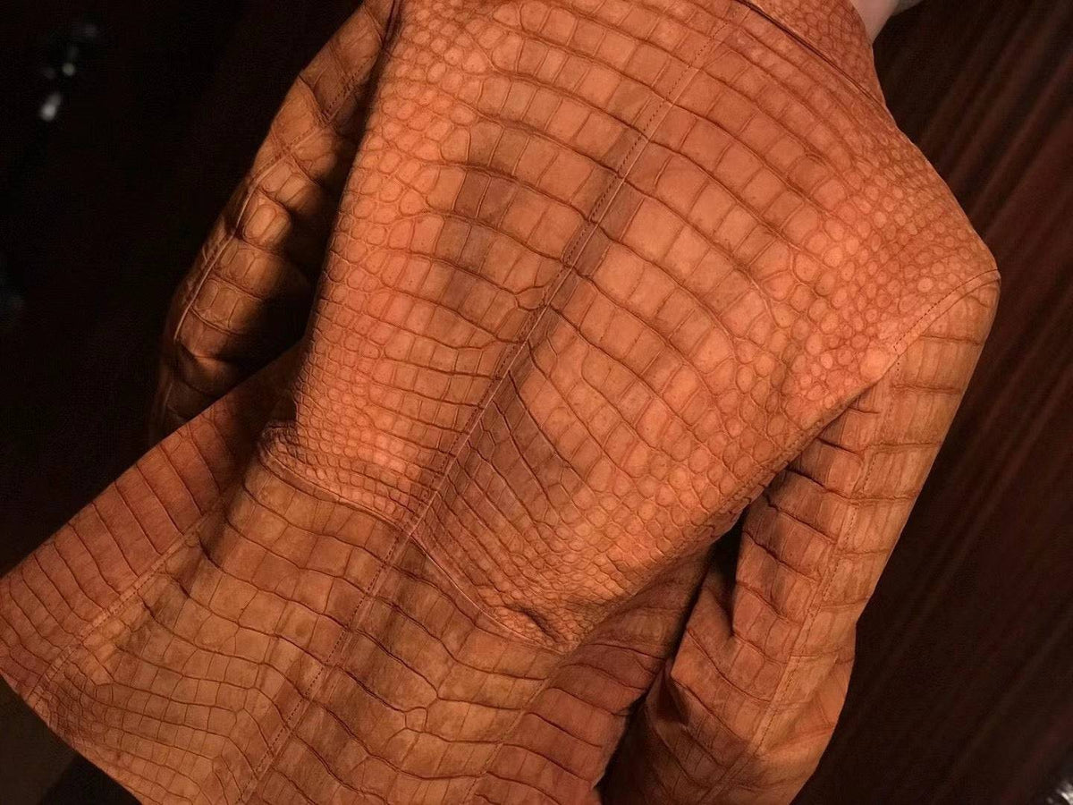 Stylish Orange Nubuck Crocodile Leather Suite Blazer