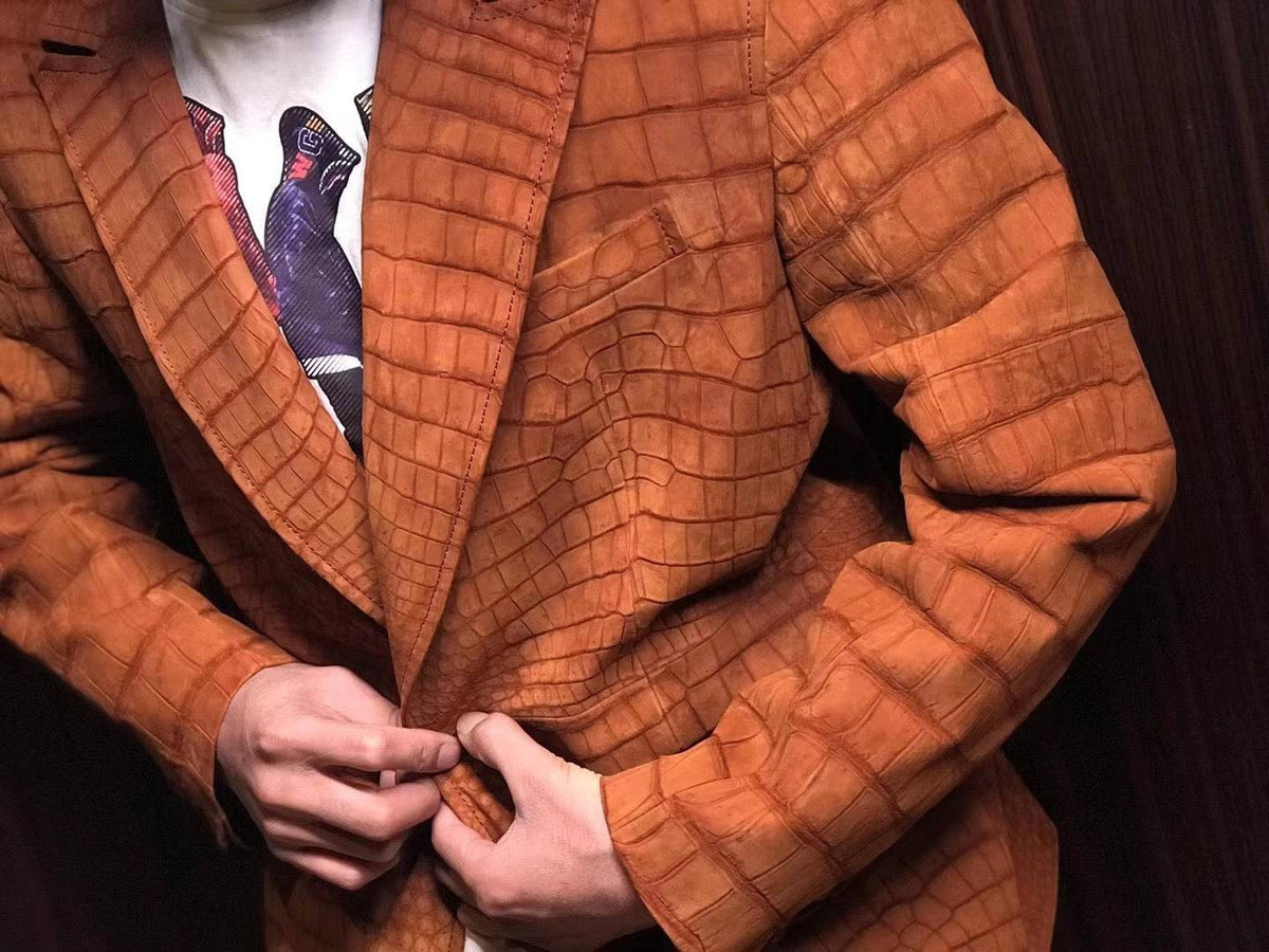 Stylish Orange Nubuck Crocodile Leather Suite Blazer