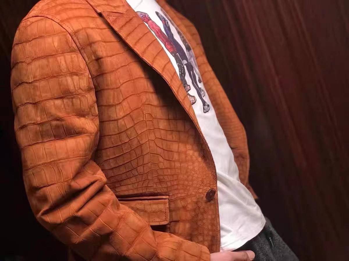 Stylish Orange Nubuck Crocodile Leather Suite Blazer