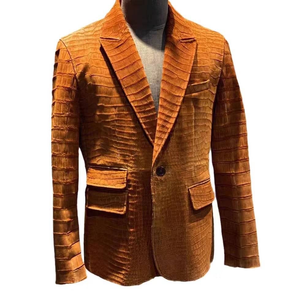 Saxony Mens Long Sleeve Crocodile top Skin Leather Blazer Jacket Brown Sz 46