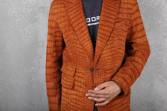 Stylish Orange Nubuck Crocodile Leather Suite Blazer