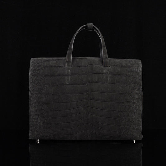 Nubuck Genuine Crocodile Skin Leather Top Handle Tote Duffel Bag Large Black
