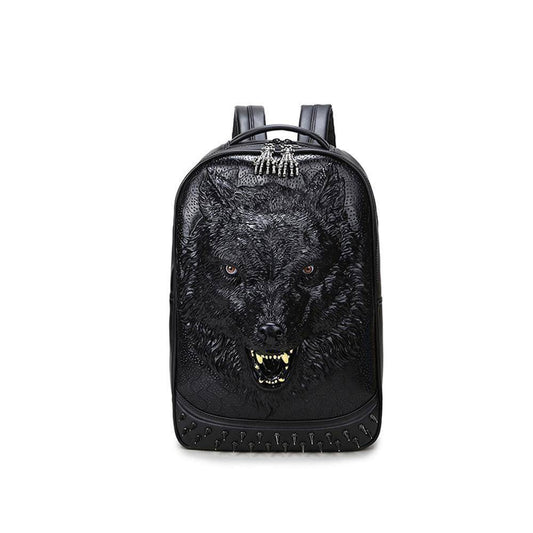 Unisex 3D Angry Wolf PU Leather Casual Laptop Rivet Fashion Backpack