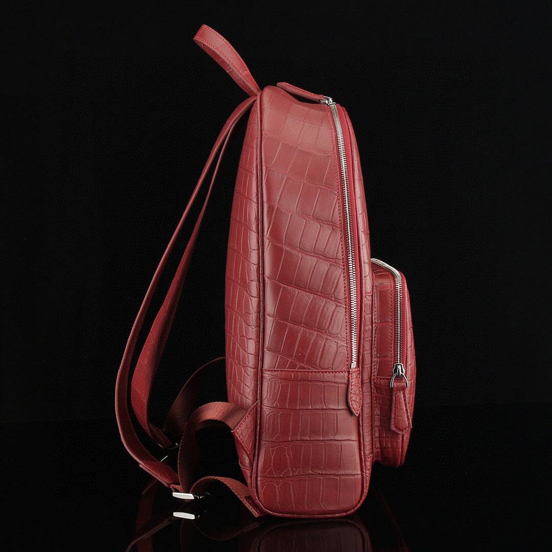 Unisex  Genuine Crocodile Leather Backpack Wine Red