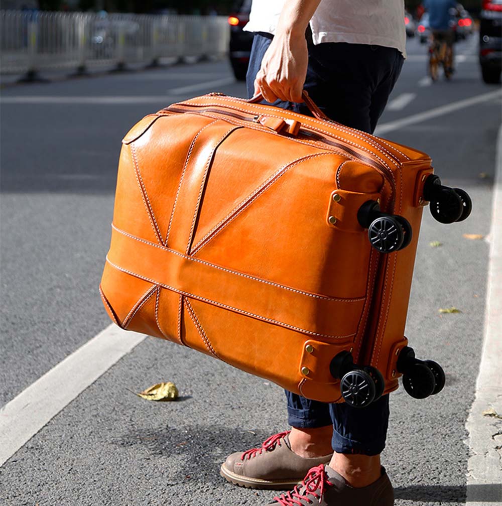 Unisex Genuine Vintage Vegetable Tanned Leather Carry On Business Trolley Bag Rotate Universal Wheel 20 Inch Travelling Luggage Bag