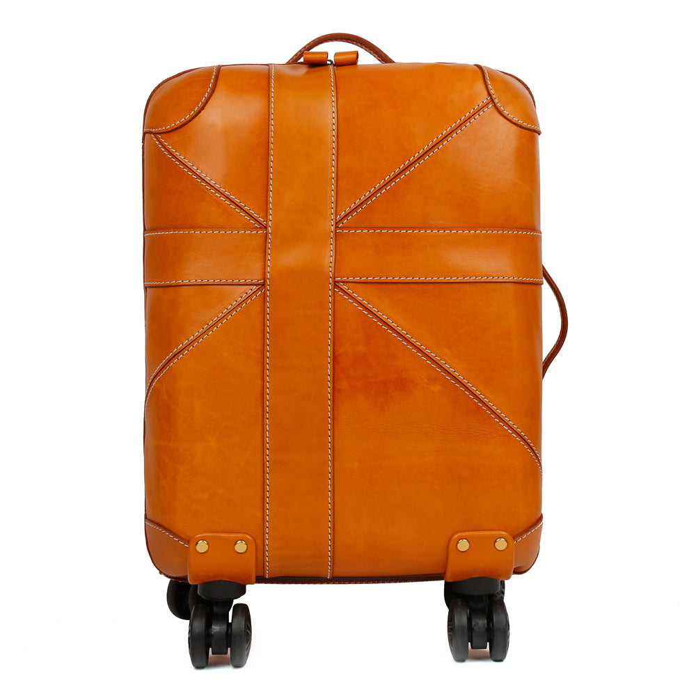 Unisex Genuine Vintage Vegetable Tanned Leather Carry On Business Trolley Bag Rotate Universal Wheel 20 Inch Travelling Luggage Bag