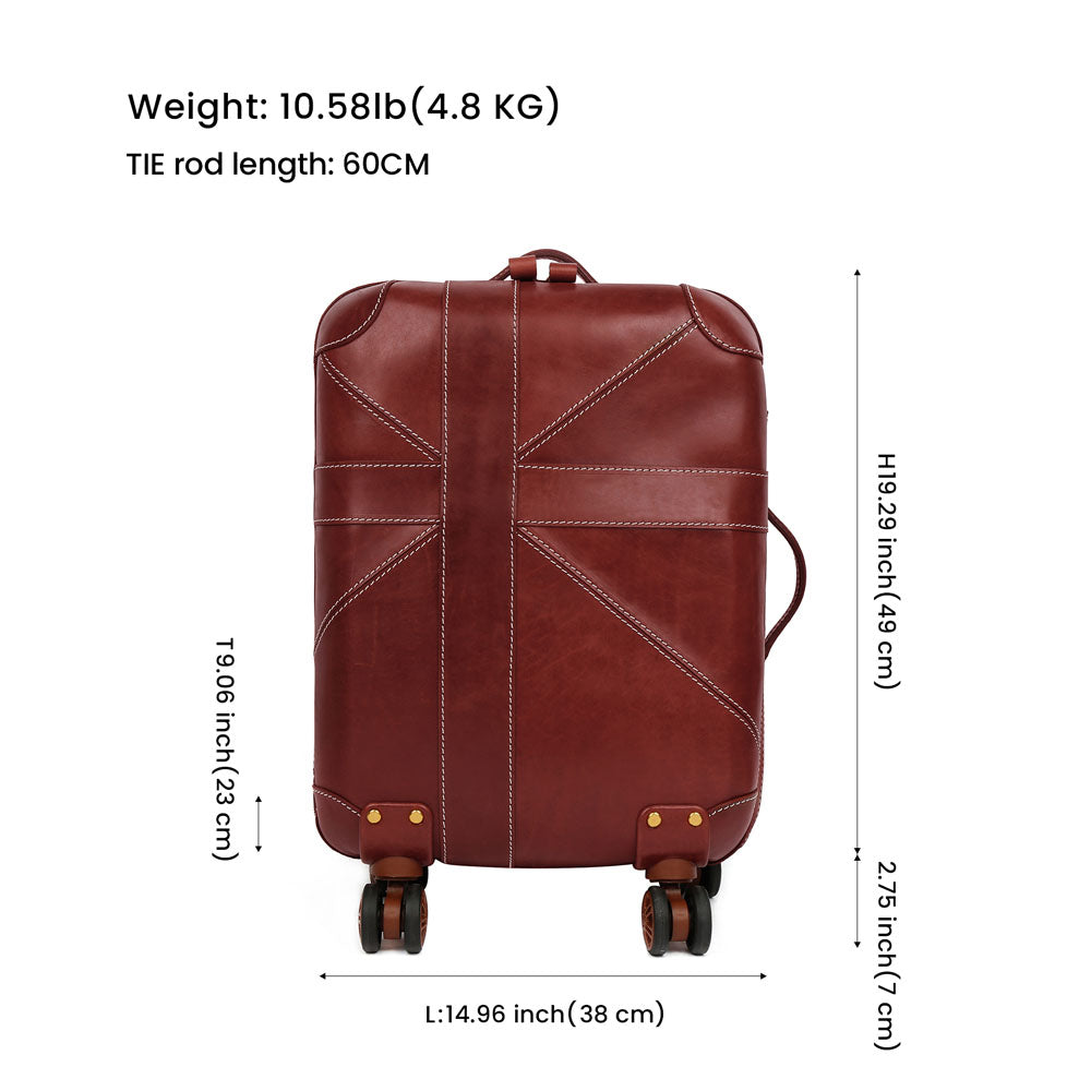 Unisex Genuine Vintage Vegetable Tanned Leather Carry On Business Trolley Bag Rotate Universal Wheel 20 Inch Travelling Luggage Bag