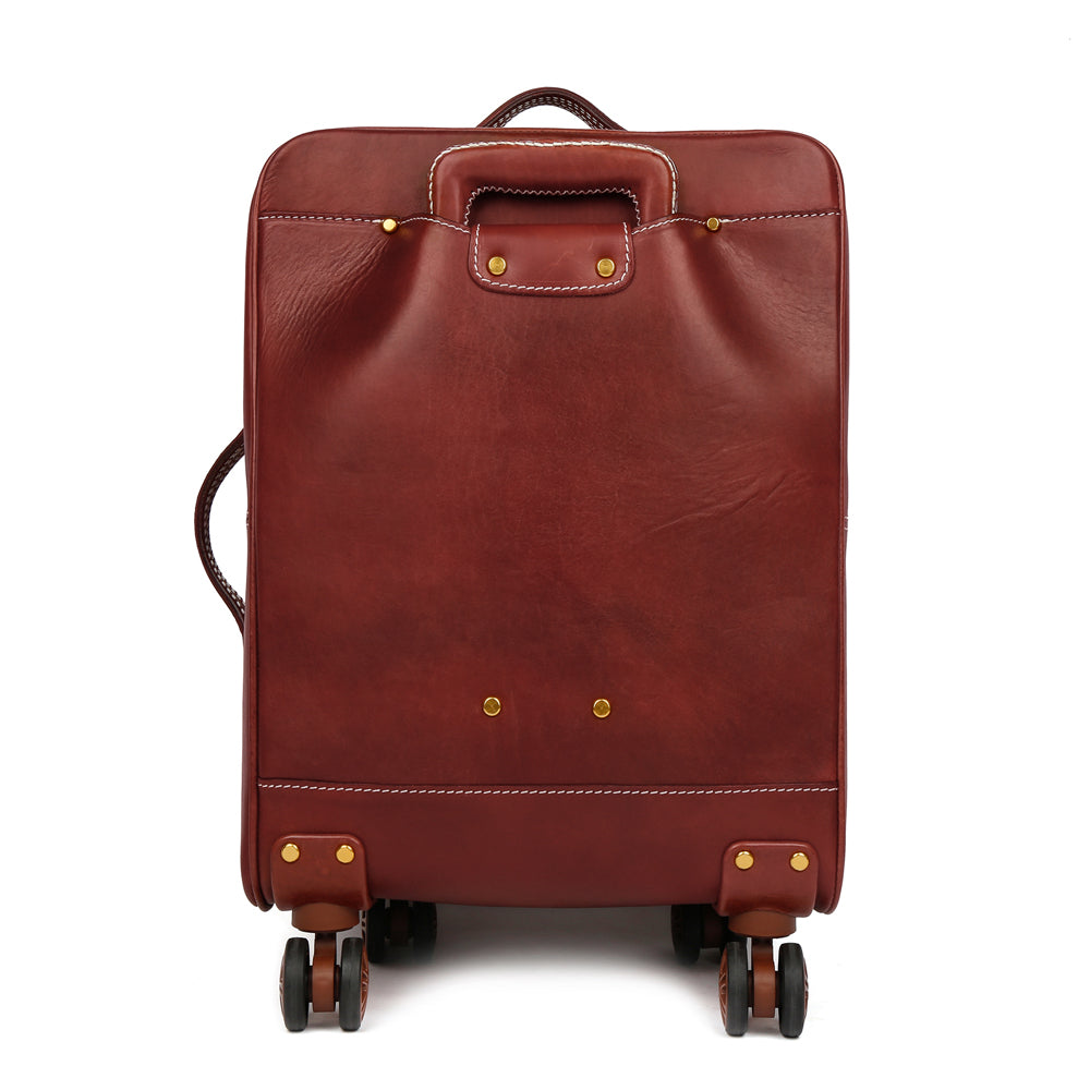 Unisex Genuine Vintage Vegetable Tanned Leather Carry On Business Trolley Bag Rotate Universal Wheel 20 Inch Travelling Luggage Bag