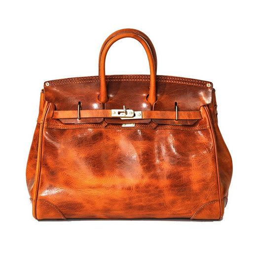 Unisex Large Vintage Vegetable Tanned Leather Padlock Tote Bag