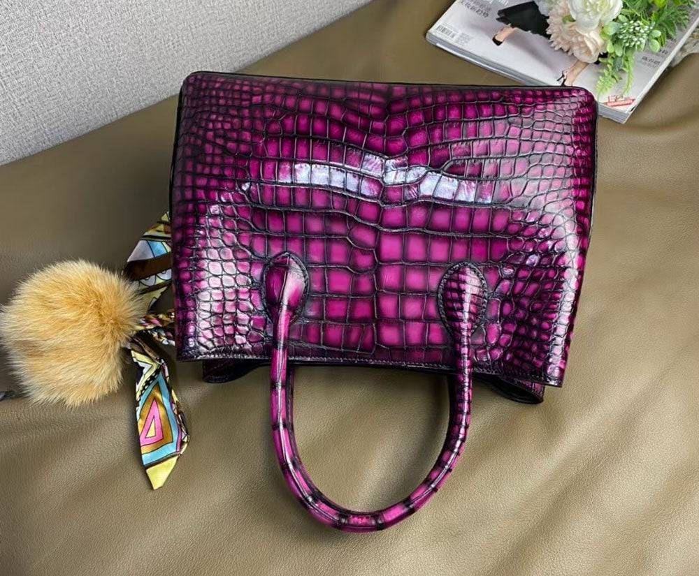 Vintage Genuine Crocodile Leather Top Handle Satchel Handbag Shoulder Bag Tote Purse Messenger Bags 30cm Purple