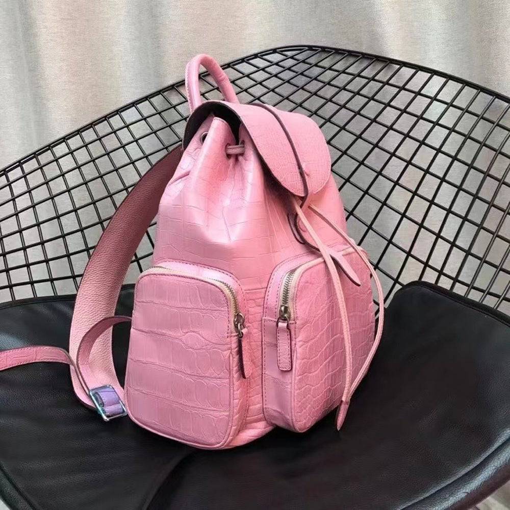 Women Crocodile Leather Backpack Pink