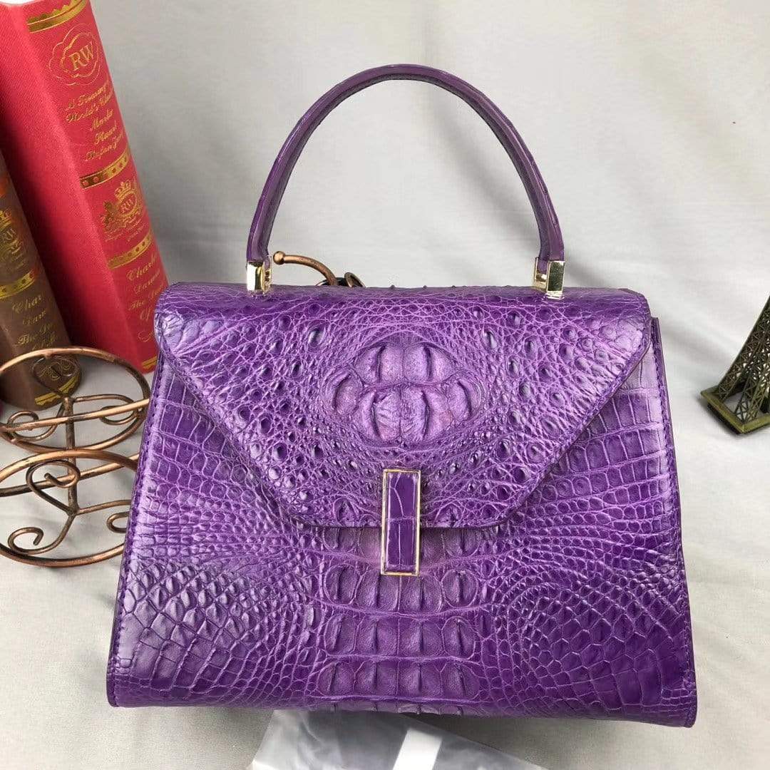 Women Crocodile Leather Top Handle Bags Purple