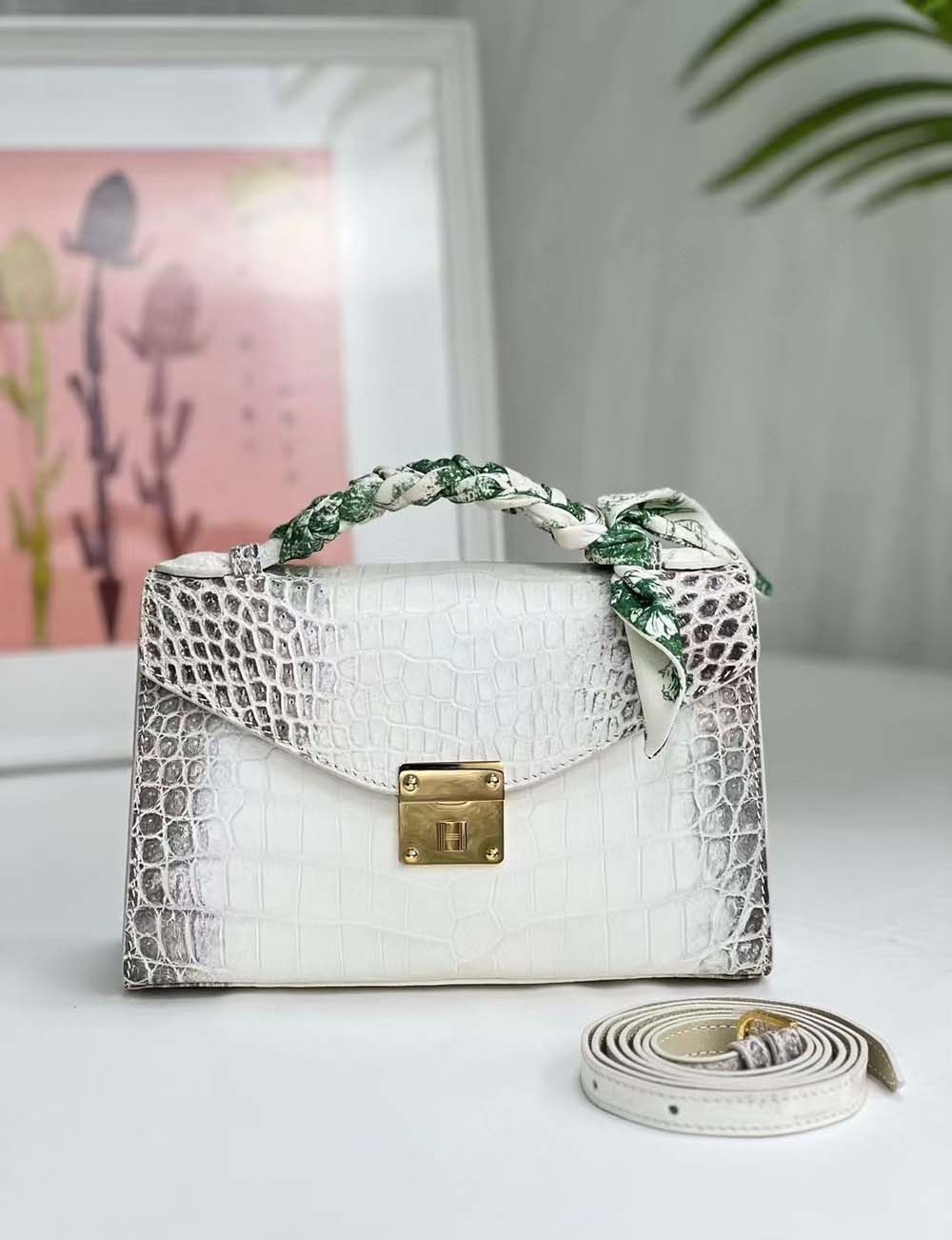 Women Mini Himalaya White Crocodile Leather Top Handle Bag