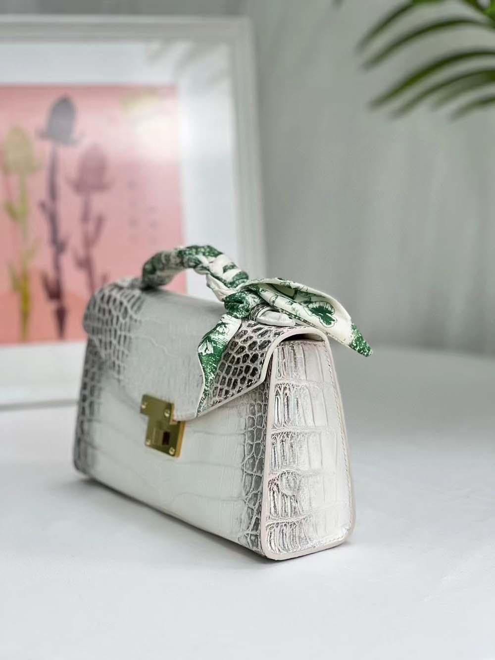 Women Mini Himalaya White Crocodile Leather Top Handle Bag