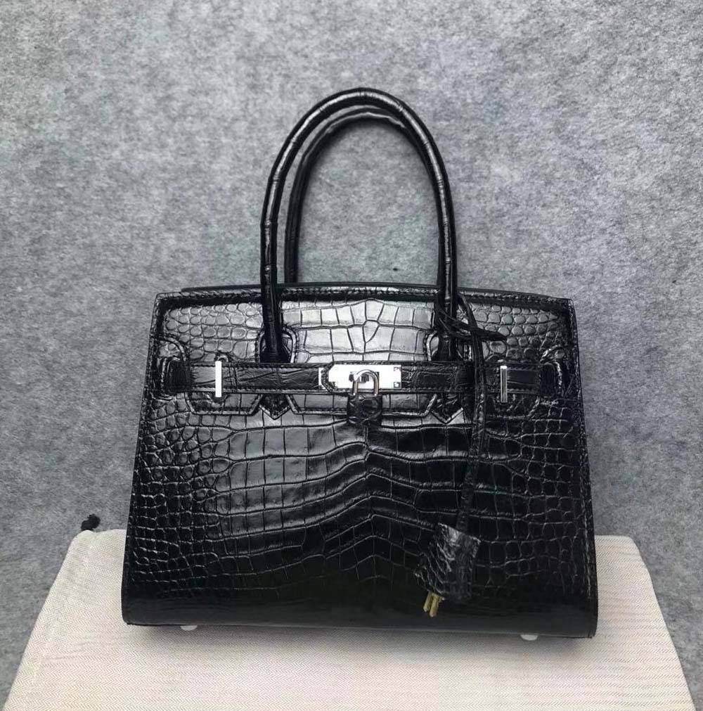 Women's Crocodile Leather Padlock Top Handle Handbag Black