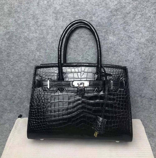 Women's Crocodile Leather Padlock Top Handle Handbag Black