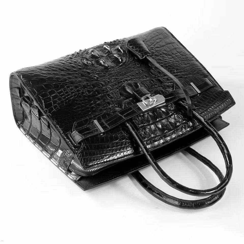 Women's Crocodile Leather Padlock Top Handle Handbags Black