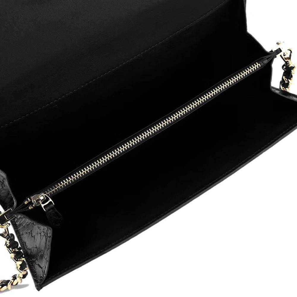 Women's Crocodile Leather  Pouches Chain Pouchette Clutch Bags  Black