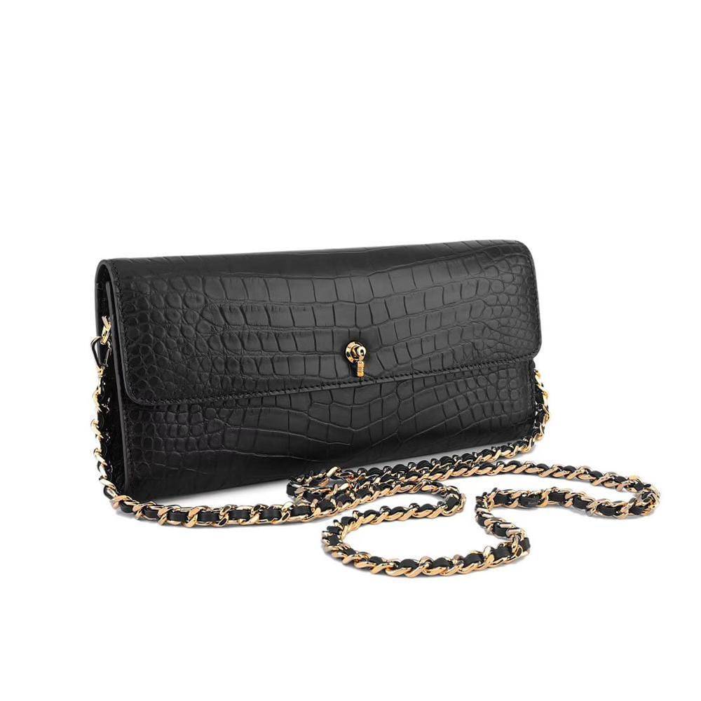 Women's Crocodile Leather  Pouches Chain Pouchette Clutch Bags  Black