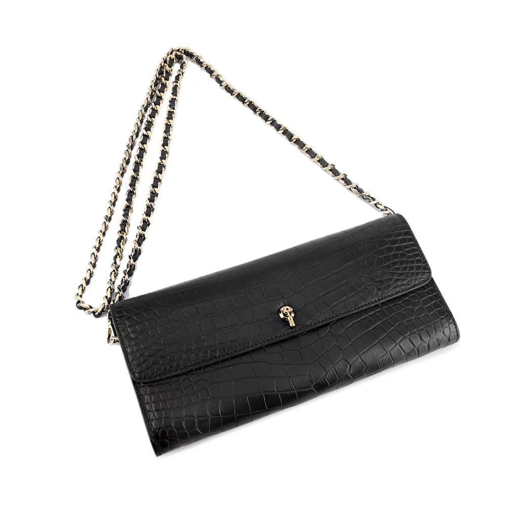 Women's Crocodile Leather  Pouches Chain Pouchette Clutch Bags  Black