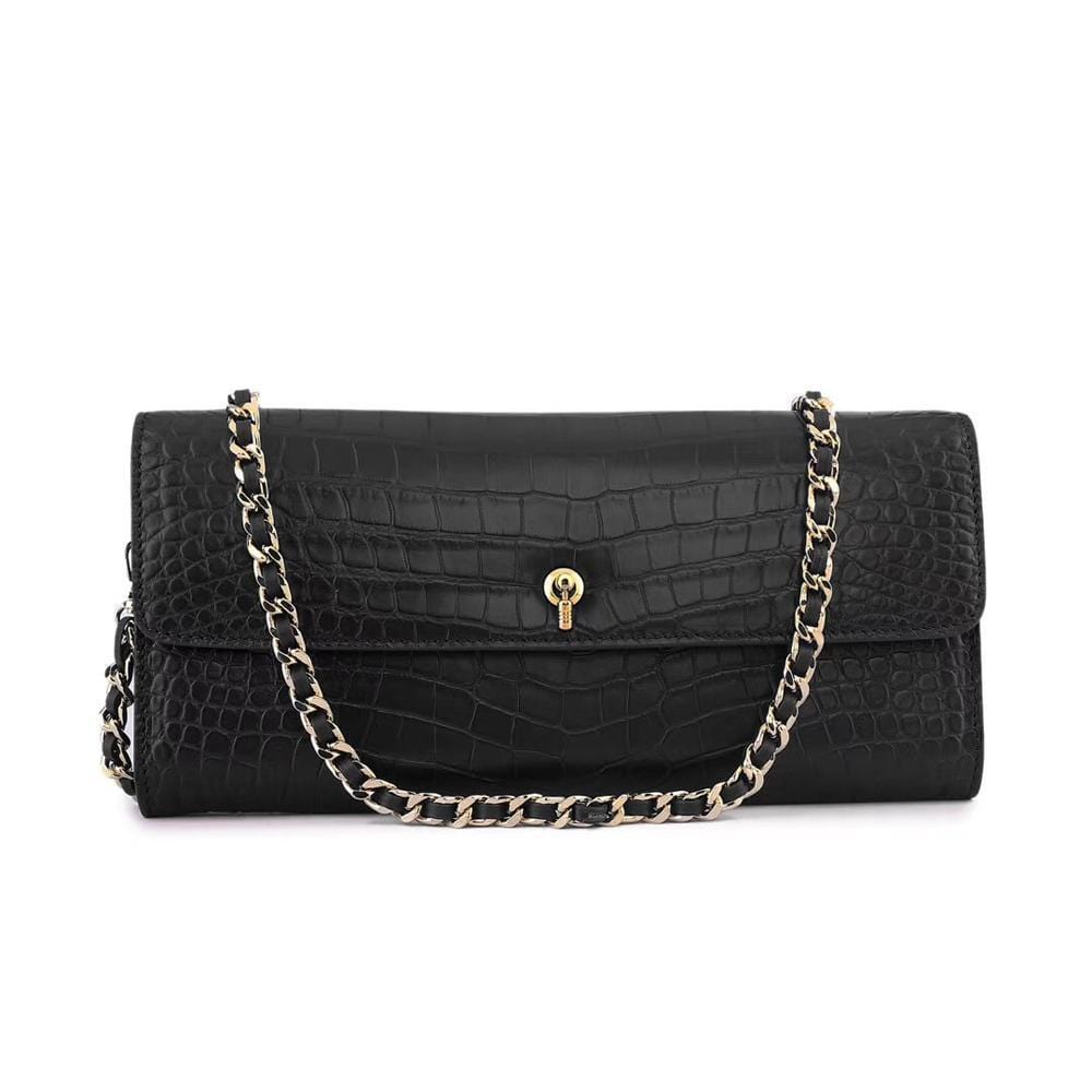 Women's Crocodile Leather  Pouches Chain Pouchette Clutch Bags  Black