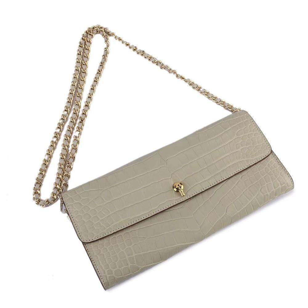 Women's Crocodile Leather  Pouches Chain Pouchette Clutch Bags Cream